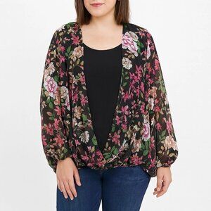 flying tomatoes plus size womens floral drape front blouse sheer sleeves size 2X